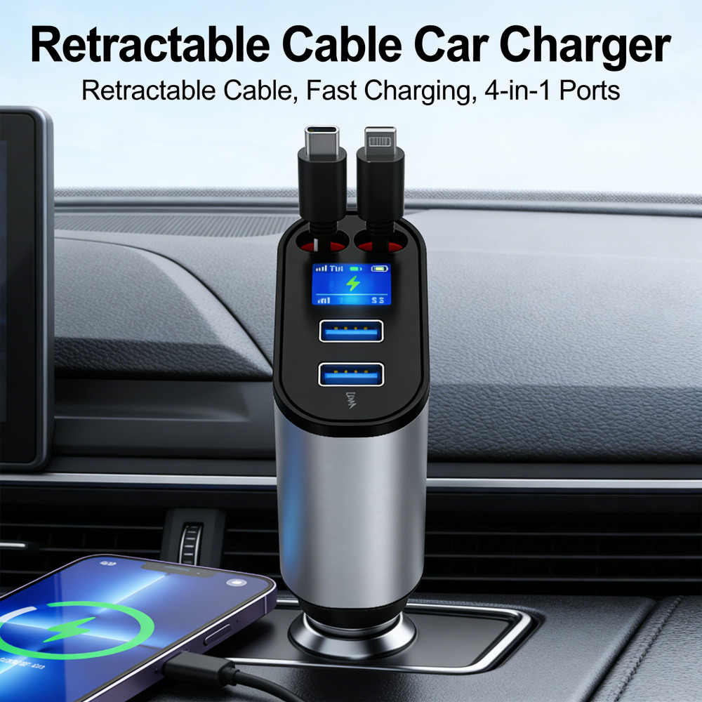 Super Retractable Cable Car Phone Charger Fast Type-C + IOS + พอร์ต USB 4-in-1 Charger