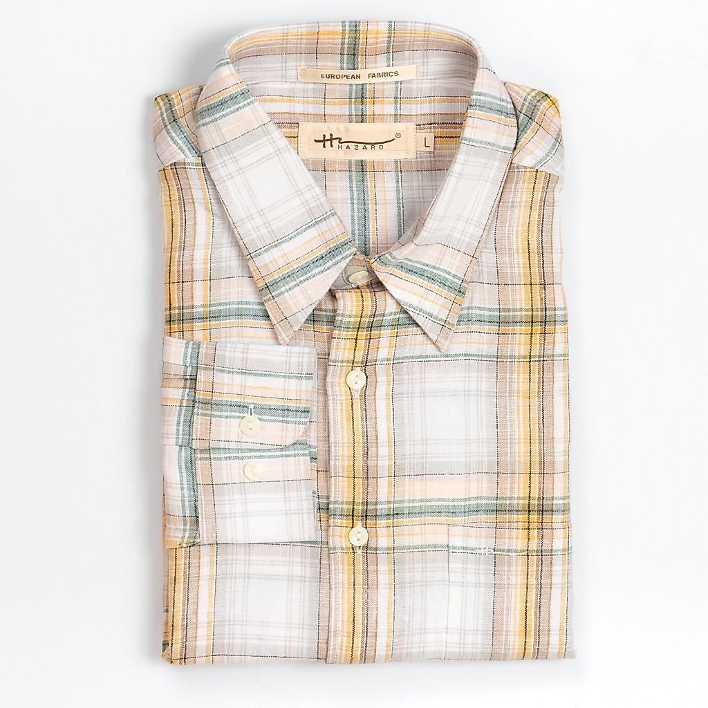 Hazard เสื้อเชิ้ตทำงานแขนยาวลายสก็อต Linen(ลินิน) สีเหลืองอ่อน