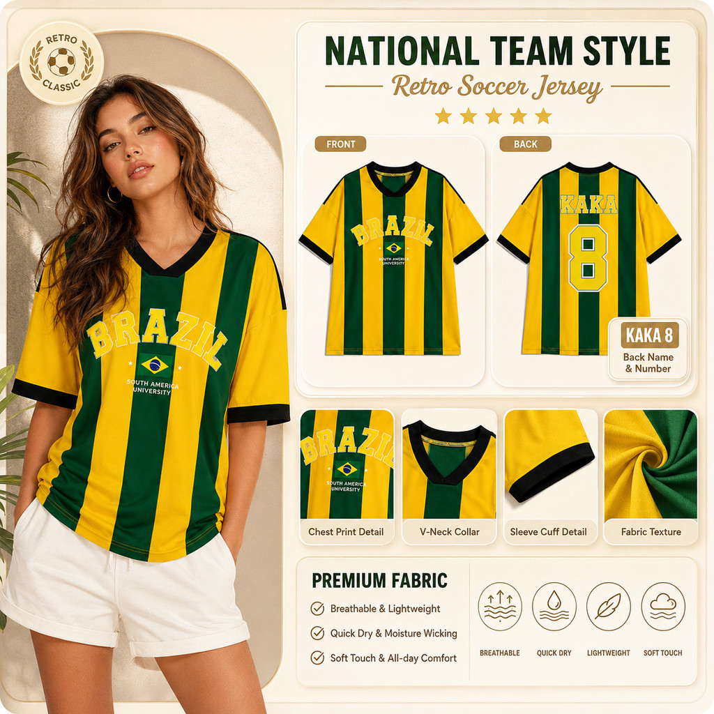 เสื้อยืดฟุตบอลสไตล์บราซิล ทรงโอเวอร์ไซซ์ คอวี ลายทางแนวตั้ง ใส่เที่ยวและเชียร์บอล