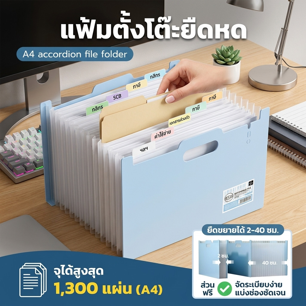 แฟ้มตั้งโต๊ะยืดหด A4 แฟ้มเอกสาร 13 ช่อง จุได้ 1300 แผ่น มีหูหิ้ว จัดระเบียบง่าย มี 6 สีให้เลือก