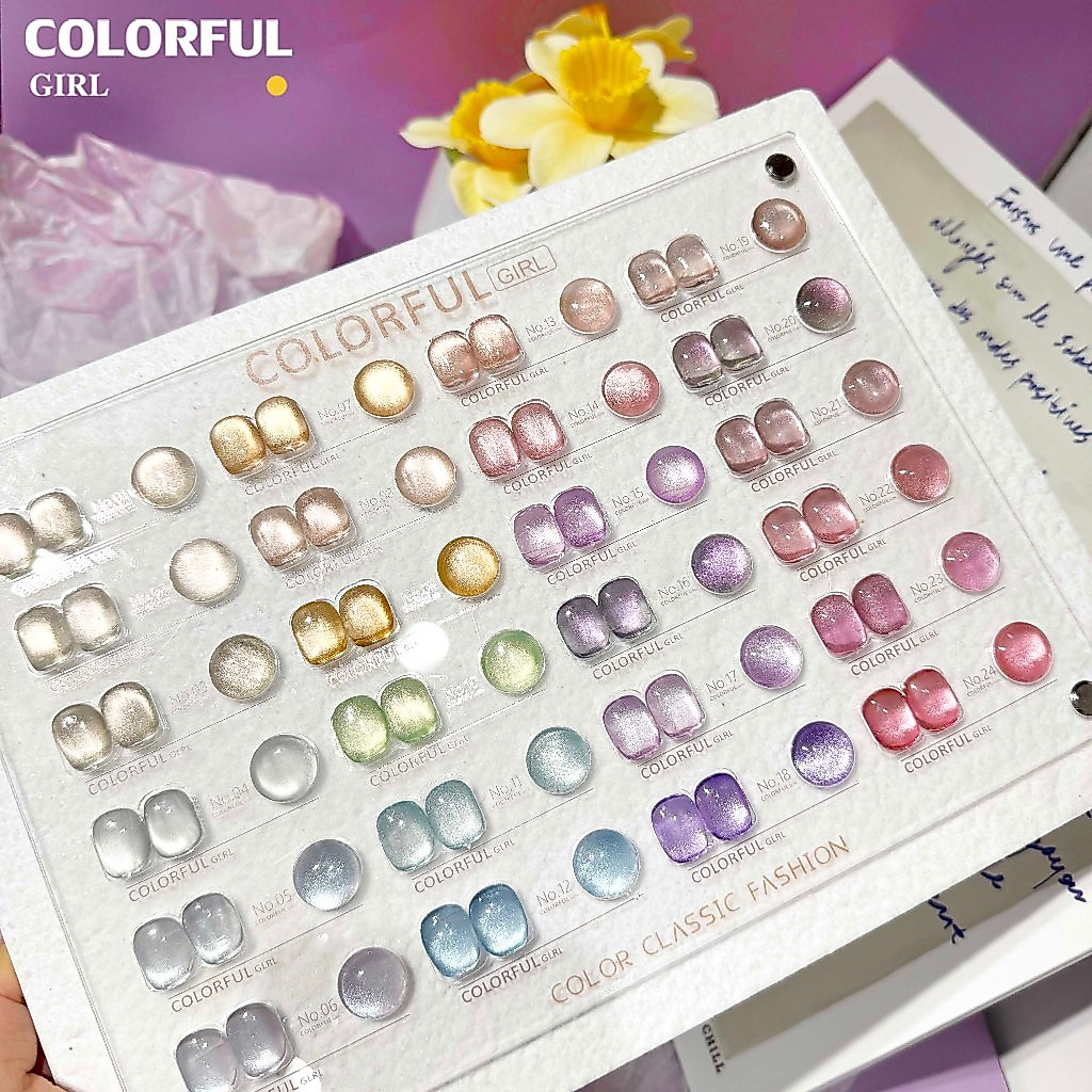【พร้อมส่ง】Colorful Girl เซต 24 สีเจลแคทอาย ซาตินมุก เม็ดสีแน่น สีสวย เงางามติดทนนาน แถมชาร์ทสี ทาให้แล้ว