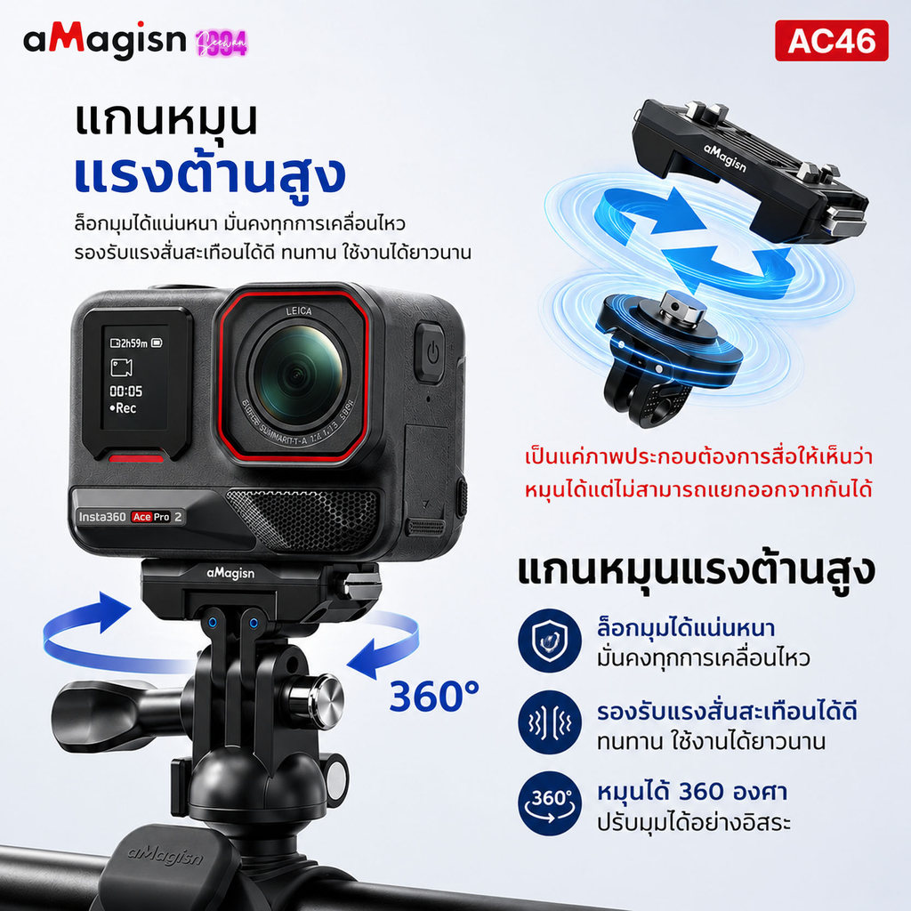 aMagisn AC46 ฐานยึดแม่เหล็กโลหะ แบบปลดเร็ว หมุนได้ 360 ํ สำหรับสำหรับ Insta360 Ace Pro / Ace Pro 2 /