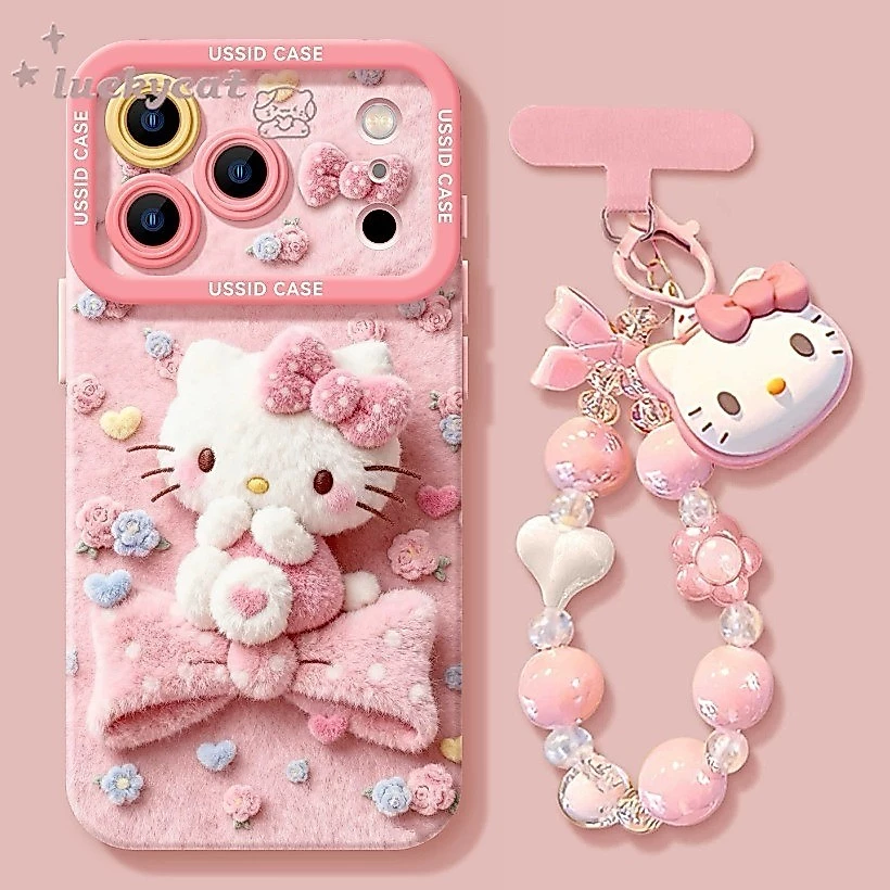 ใช้งานร่วมกับ iPhone 17 16 15 14 13 12 11 Pro Max X Xr Xs Max 7 8 Plus SE2020 เคสโทรศัพท์การ์ตูนน่ารักขนาดใหญ่สีชมพูตุ๊กตาโบว์ Cat + Lanyard นุ่มปกหลัง