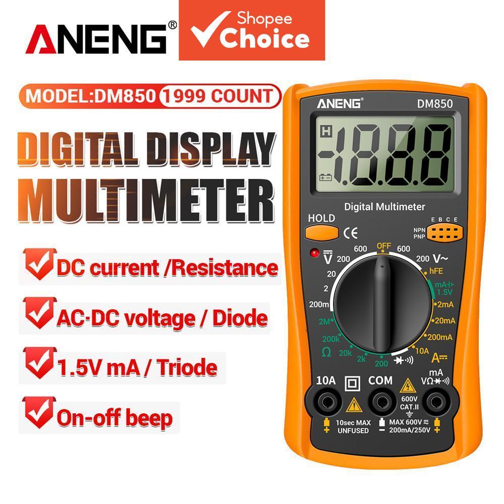 เครื่องทดสอบมัลติมิเตอร์ดิจิตอลแบบกระเป๋า ANENG DM850 ขนาดพกพา อัตโนมัติช่วงวัดแรงดันไฟฟ้า กระแสไฟ ความต้านทาน ไดโอด อุณหภูมิ สีเหลือง 1 ชิ้น
