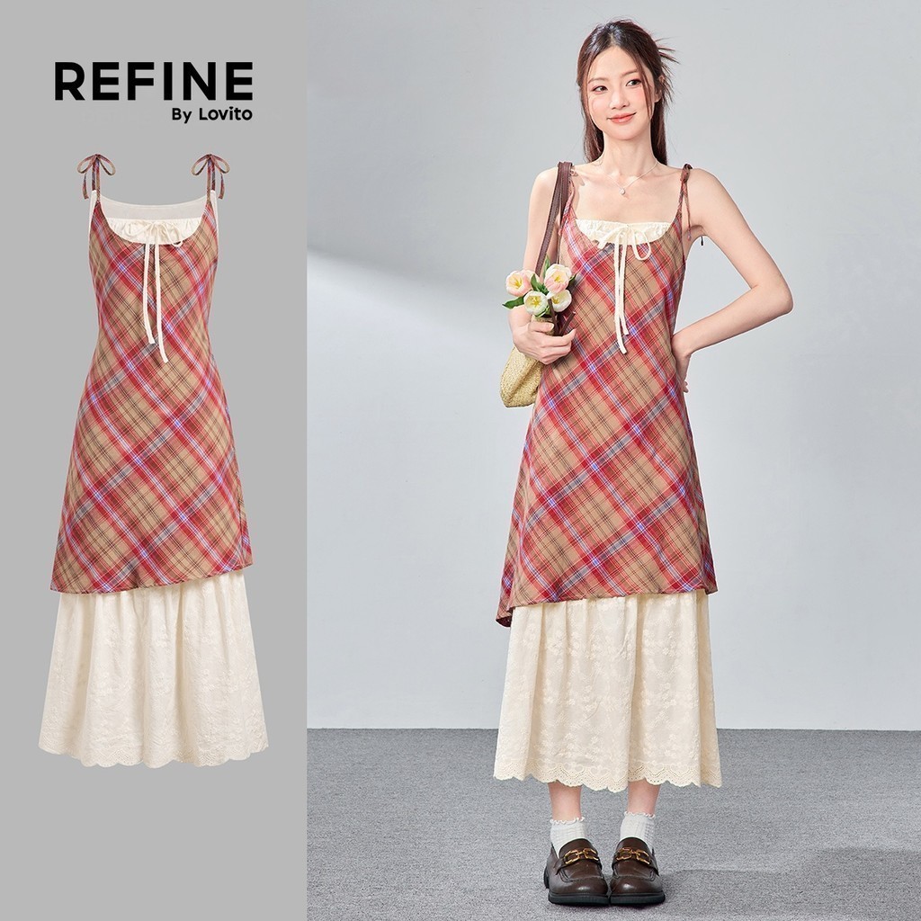 (Refine by Lovito) วันหยุด เดรสผ้าฝ้ายลายตารางหมากรุกปลอม 2 in 1 ปักลาย ผูกเชือก เนื้อผ้ามีเท็กซ์เจอร์ สีแดง สำหรับฤดูร้อน/ฤดูใบไม้ผลิ สำหรับผู้หญิง LR11AD070