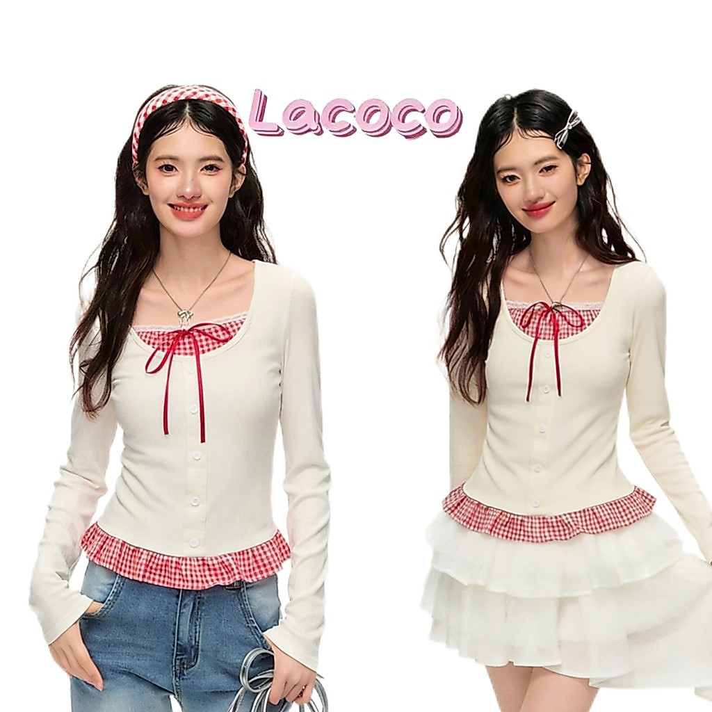 Lacoco🍓คลังสินค้าพร้อม🍓เสื้อแขนยาวสไตล์เกาหลีสีแดงลายสก็อตประดับลูกไม้สุดเย้ายวน เหมาะสำหรับช่วงต้นฤดูใบไม้ร่วง