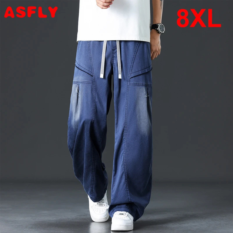 ASFLY 8XL Plus Size Straight Pants Men Cargo Pants Male Fashion Casual Stretch เอวขนาดใหญ่ 8XL
