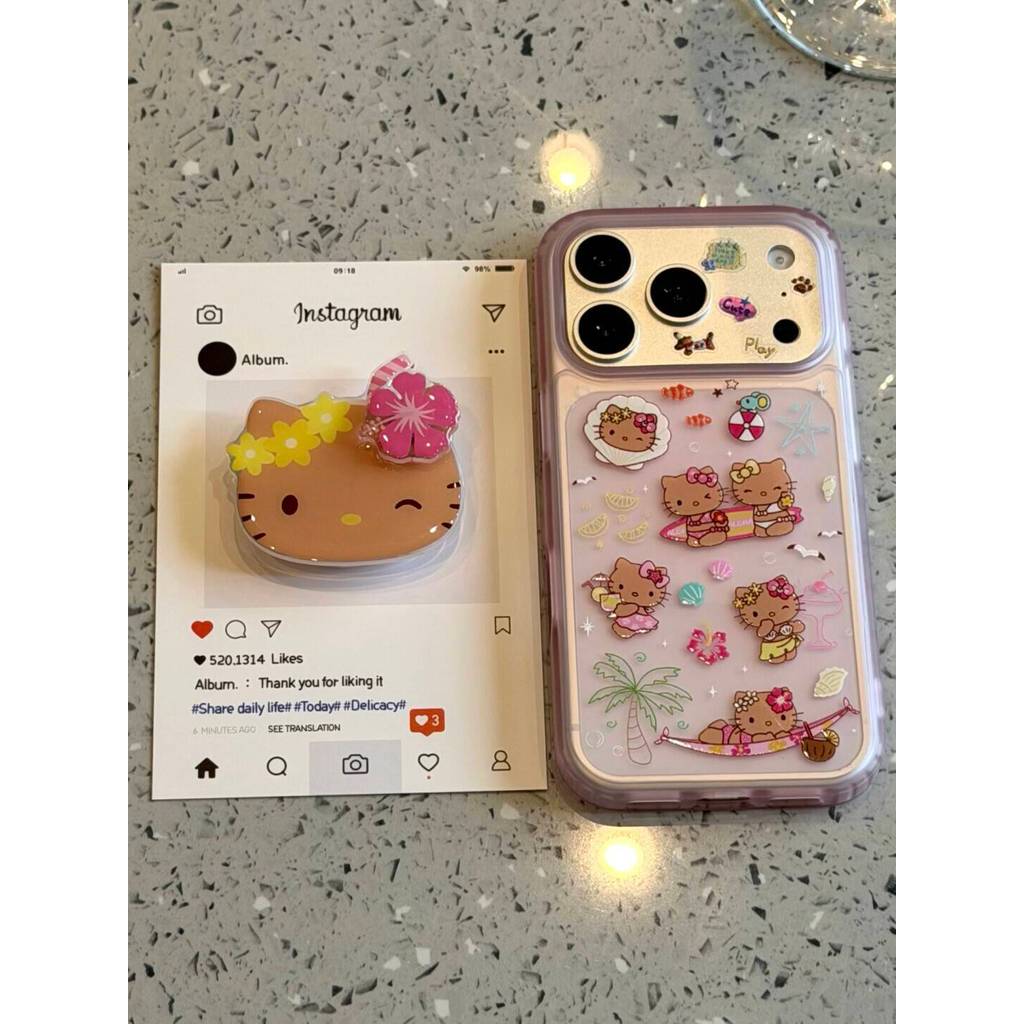 เคสโทรศัพท์ เหมาะสําหรับ iPhone 11 12 13 14 15 16 17 Pro max Plus Air ฤดูร้อนท่อง KT Cat + วงเล็บกันกระแทกกันกระแทกป้องกันกรณีรวมทุกอย่าง IGBG