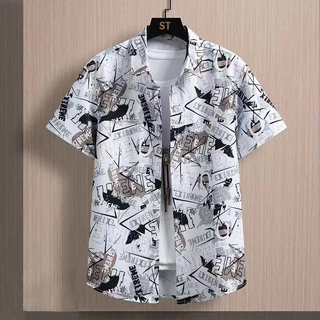 เสื้อดำคอปก เสื้อเชิ้ตแขนสั้นผู้ชาย พิมพ์ลาย 100% Polyester Dimension M-3XL
