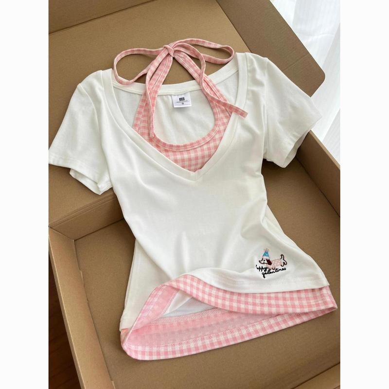 เสื้อยืดลายสก๊อต บล็อคสี ปักสองชิ้น แขนสั้น สำหรับผู้หญิง ทรงสลิมฟิต เปิดไหล่ เสื้อครอปรัดเอว เหมาะสำหรับฤดูร้อน น่ารัก
