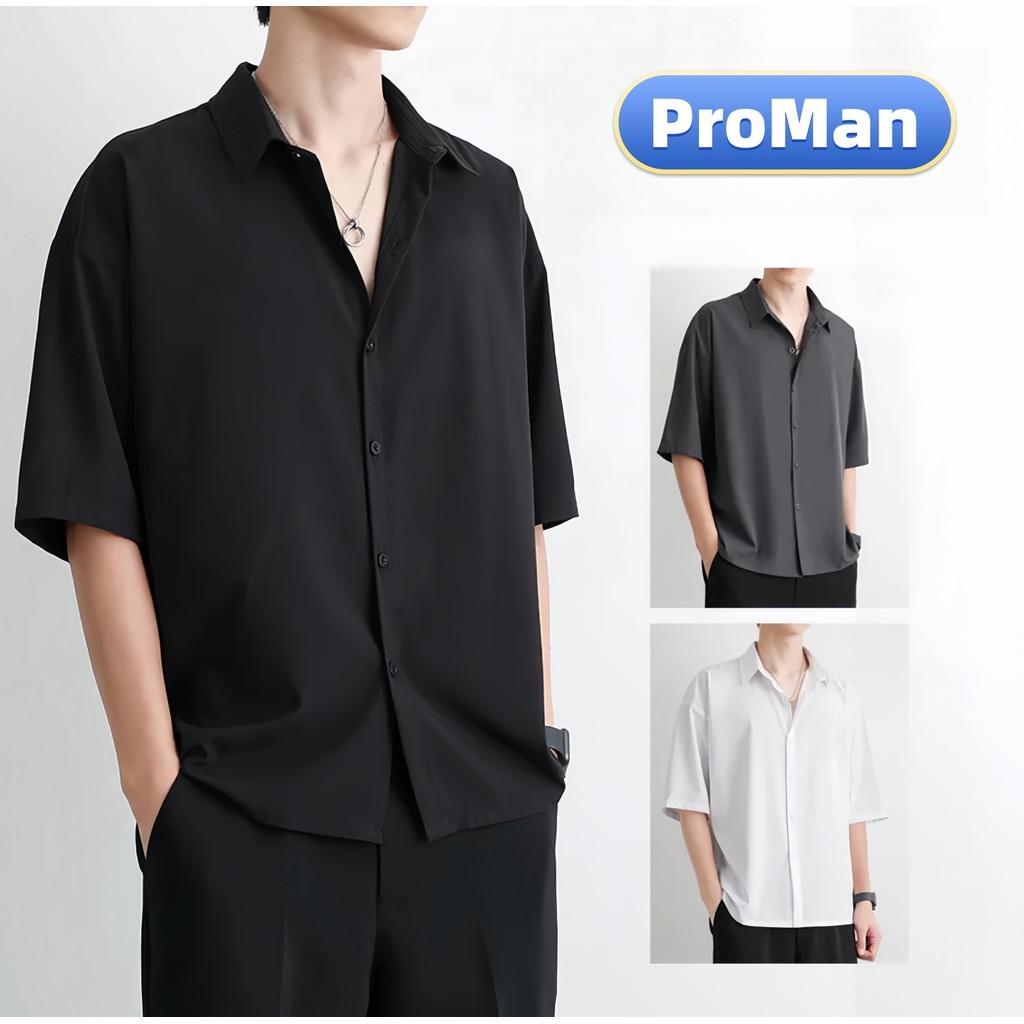 Proman-เสื้อเชิ้ตผู้ชายฤดูร้อน สีล้วน เรียบง่าย ลำลองแมทช์ลุคง่าย oversize