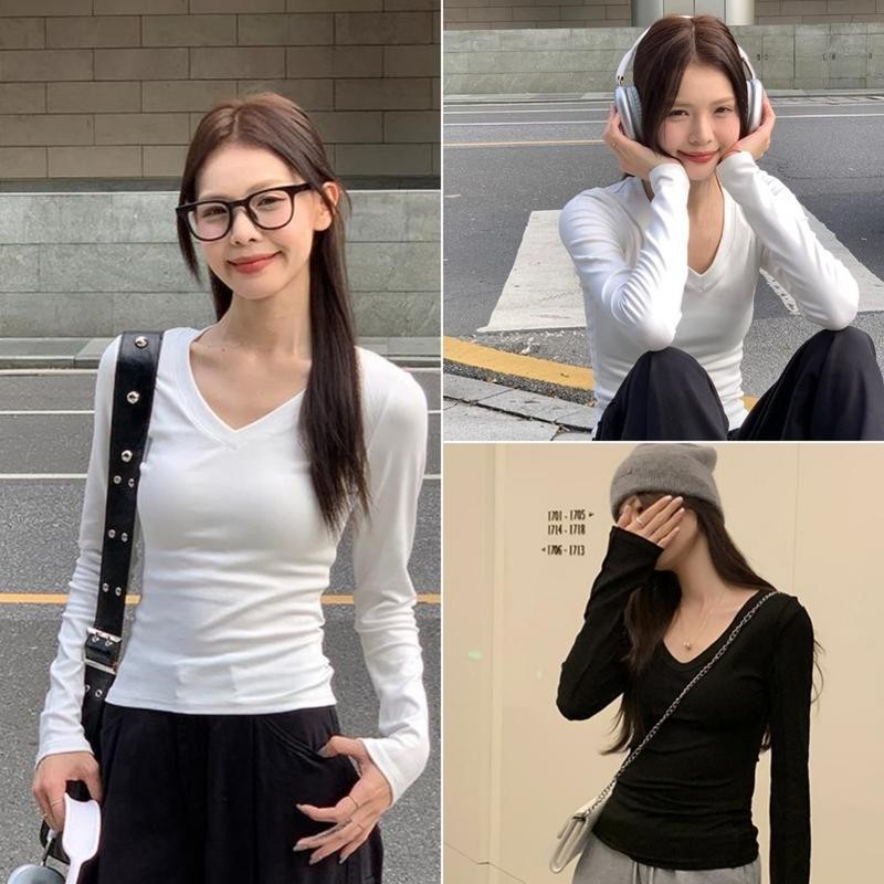 DOMI พร้อมส่งจากกทม เสื้อยืดทรงซ้อ เสื้อยืดเข้ารูป เสื้อยืดแขนยาวผู้หญิง เสื้อยืดคอวีทรงเข้ารูปสไตล์