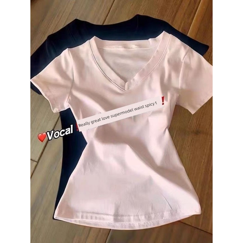 เสื้อยืด baby tee aimer เสื้อยืด เสื้อยืดแขนสั้นสีชมพูสำหรับผู้หญิง ไหล่ของแท้ แบบ V-neck สวมใส่ง่าย