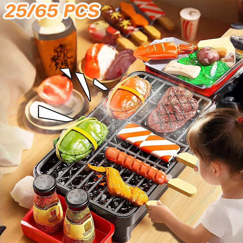 COD ชุดทําอาหารสําหรับเด็ก ชุดครัวของเล่น 25pcs/65pcs แสง+ควันสมจริง ชุดบาร์บีคิวบาร์บีคิวจำลอง