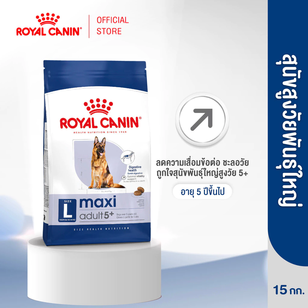 Royal Canin Maxi Adult 5+ 15kg อาหารเม็ดสุนัขสูงวัย พันธุ์ใหญ่ อายุ 5 ปีขึ้นไป (Dry Dog Food, โรยัล คานิน)