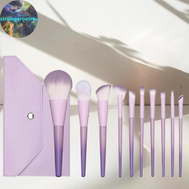 Strongaroetrtu ชุดแปรงแต่งหน้าสีม่วง 10 ชิ้น, แปรงแป้งฝุ่น, แปรงอายแชโดว์, ชุดเครื่องมือความงามครบชุ