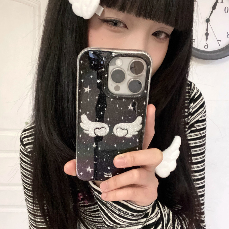 Huiwanju ต้นฉบับ imd เคสโทรศัพท์มือถือแฟลชเรียบสองชั้นนางฟ้าสีดําสําหรับ iPhone16promax เคสโทรศัพท์ม