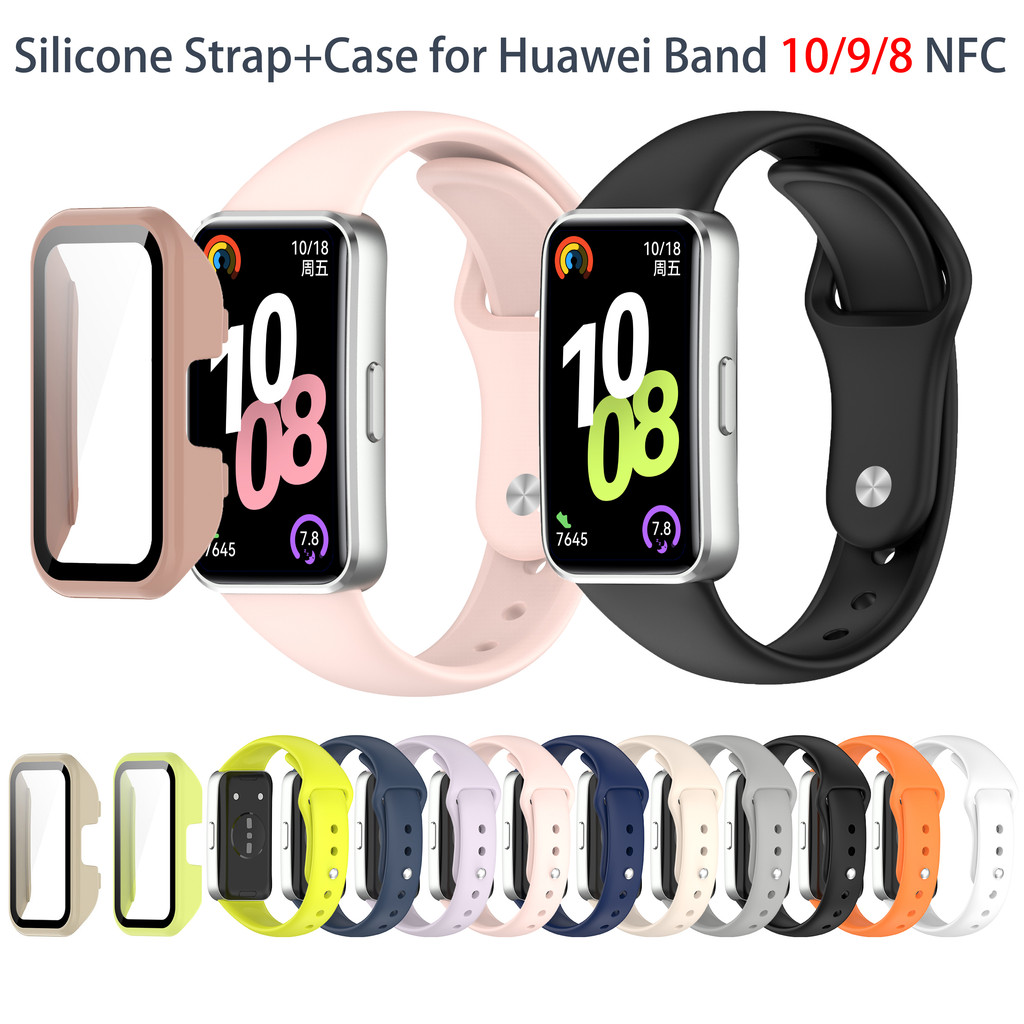 สายรัดซิลิโคน + สําหรับ Huawei Band 10 9 8 NFC PC 2 in 1 กีฬาแฟชั่นสายรัดข้อมือ Smartwatch Band All-Around Hard Frame กันชน + HD Slim กระจกนิรภัยป้องกันรอยขีดข่วนป้องกันหน้าจอ