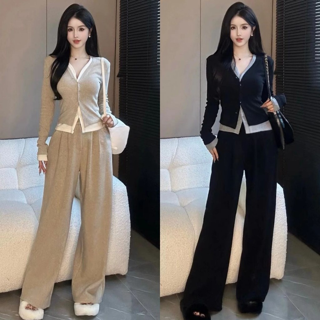 ชุดเซ็ตถัก 2 ชิ้น เสื้อไหมพรม + กางเกงขากว้างเอวสูง ยืดหยุ่น เหมาะฤดูใบไม้ผลิ/ใบไม้ร่วง