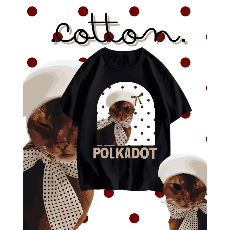 Top.street เสื้อ oversize ลายพิมพ์แฟชั่น เสื้อกีฬา ผ้าCotton 100% ใส่สบาย ไม่ต้องรีด 'POLKADOT CAT' 3XL