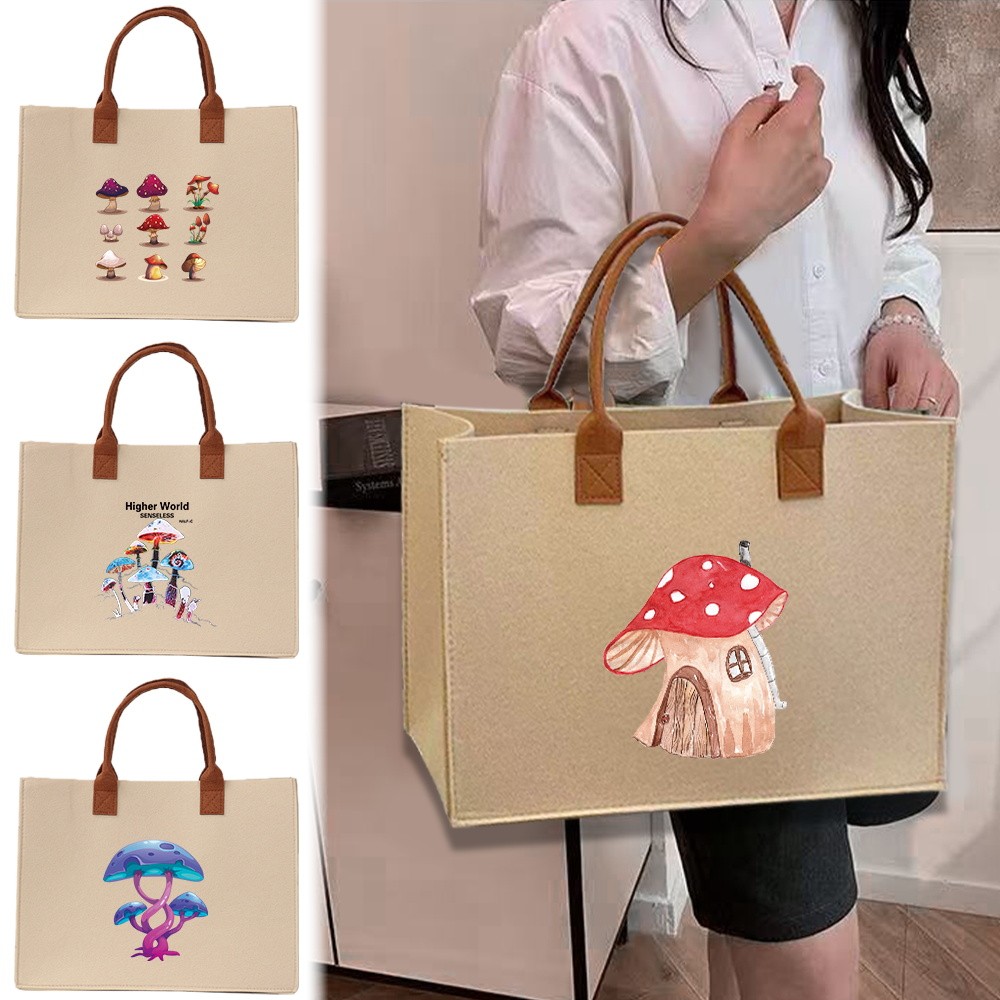 Felt Tote bag Cute Mushroom Series Womens White Felt Travel Office Tote Shoulder Bag Semua Saiz สําห