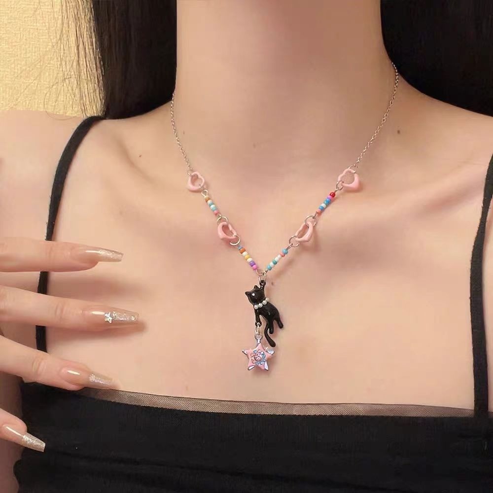 [Bo Ye] หวาน Cool Cat Range Star จี้สร้อยคอ หัวใจลูกปัดเย็บ ในสไตล์น่ารัก Y2K