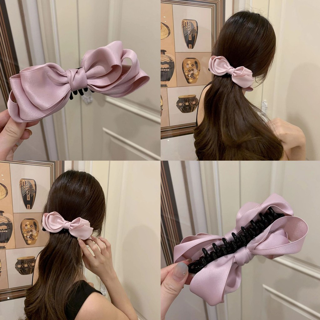 โควี่โบว์กล้วยคลิปสไตล์เกาหลี สีชมพู สำหรับทรงหางม้าและผมคลิป