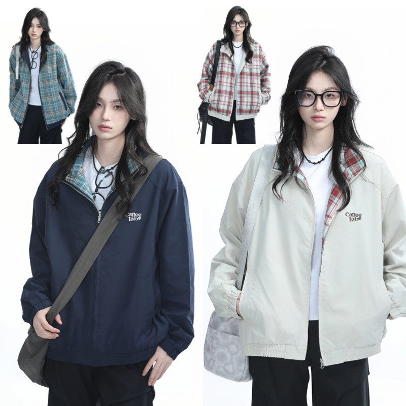 แจ็คเก็ตสองหน้า ลายสก็อต สไตล์อเมริกาย้อนยุค สำหรับผู้ชายและผู้หญิง ใส่สบายในฤดูใบไม้ร่วง