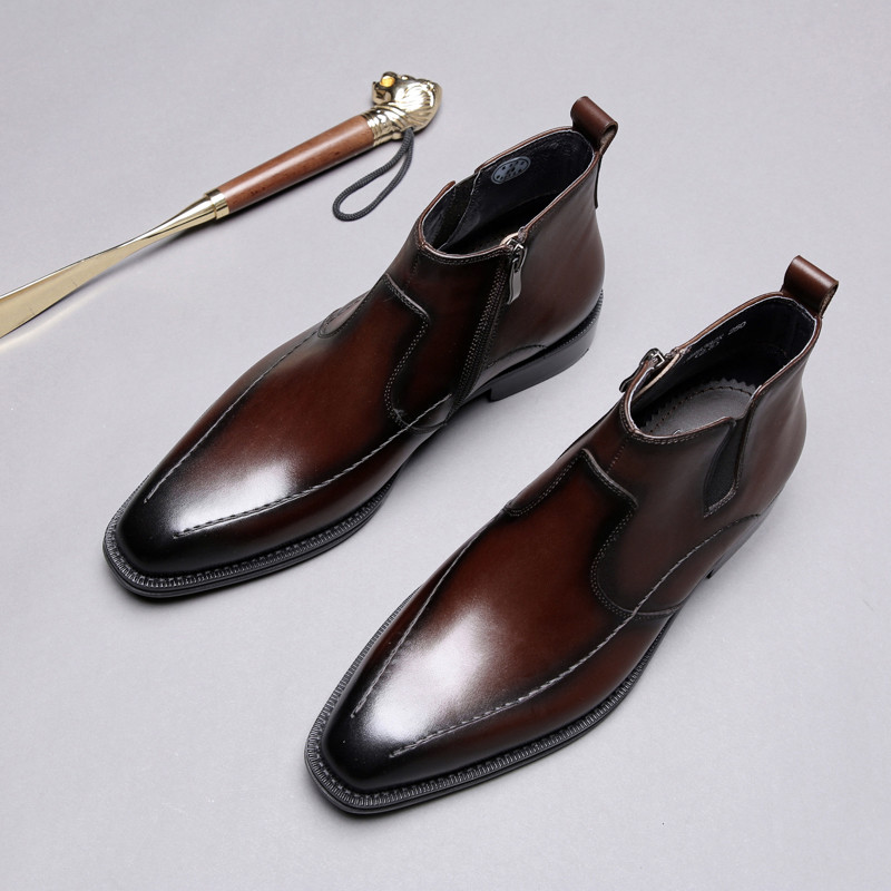 รองเท้าบูทยาวหนังแท้ Chelsea Boots แบบปลายแหลม พร้อมขนแกะ สำหรับผู้ชาย ออกแบบมาสำหรับงานธุรกิจและสวม