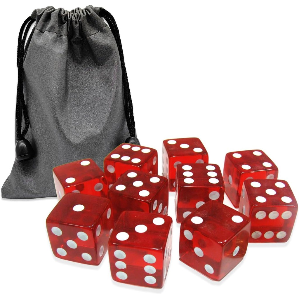 10 ชิ้น 16 มม. 6 ด้านลูกเต๋า D6 RPG D&D โปร่งใสสีแดง + กระเป๋าชุด