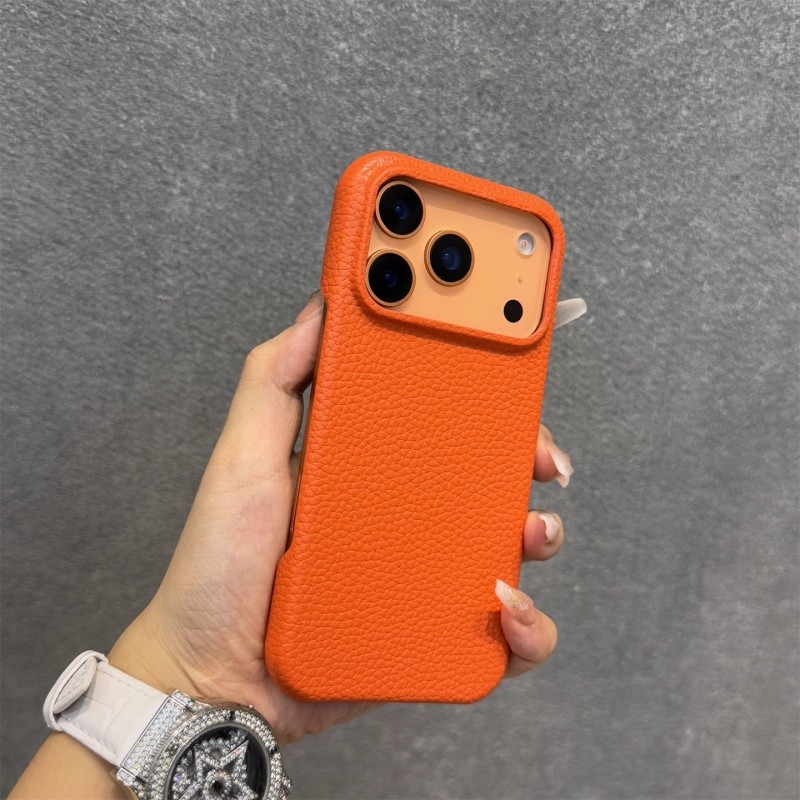 แฟชั่นสีส้มลิ้นจี่ Grain หนังสําหรับ IPhone 17 Air 16 Pro Max 15 14 Plus 13 12 Promax 11 17promax 16promax 15promax 14promax ฝาครอบป้องกัน