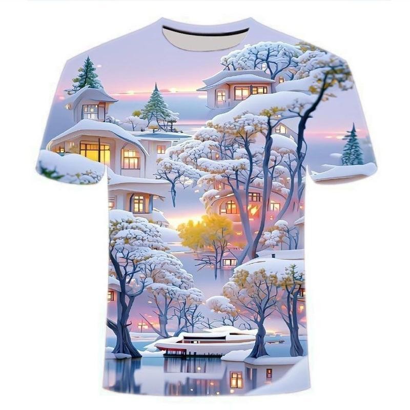 เสื้อยืดพิมพ์ลายดิจิตอลดีไซน์ 3 มิติทิวทัศน์ที่สวยงามสไตล์ที่ชื่นชอบชั้นกลมเสื้อผ้าผู้ชายสบาย