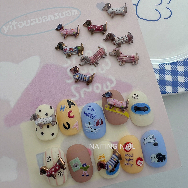 5 ชิ้น Childlike Niche Retro น่ารักหูใหญ่ Dachshund สุนัขลายด่างสุนัขสามมิติโลหะแต่งเล็บเครื่องประดับตกแต่ง