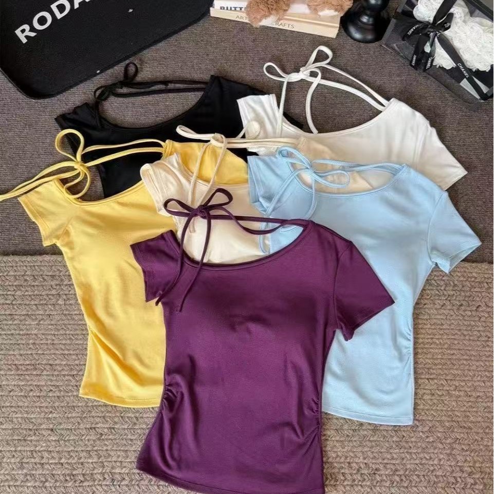 American Oblique ไหล่ Tie คอแขนสั้นเสื้อยืดผู้หญิง 2025 Retro สาวร้อนเซ็กซี่ Off-the-Shoulder Slim-F