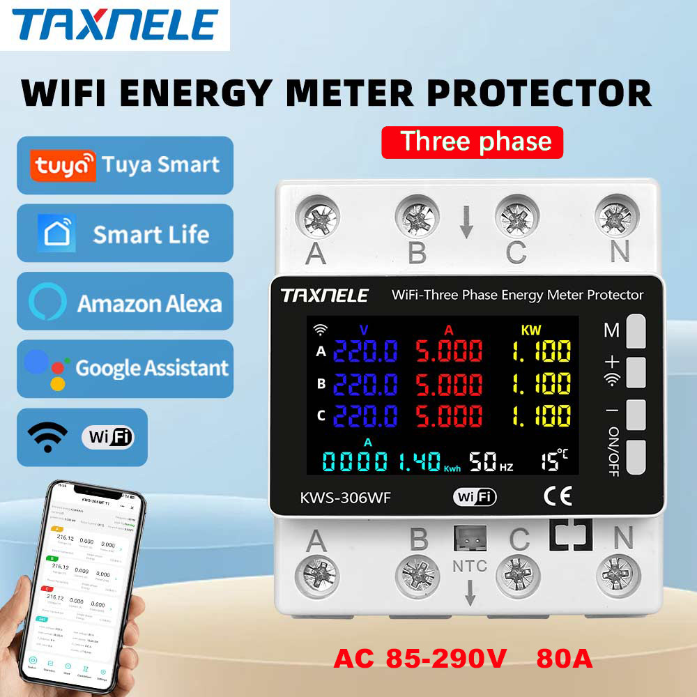 TUYA Wifi 3 เฟส AC 85-290V 80A Power Energy Meter Monitor แรงดันไฟฟ้า Protector มิเตอร์ไฟฟ้า KWS-306