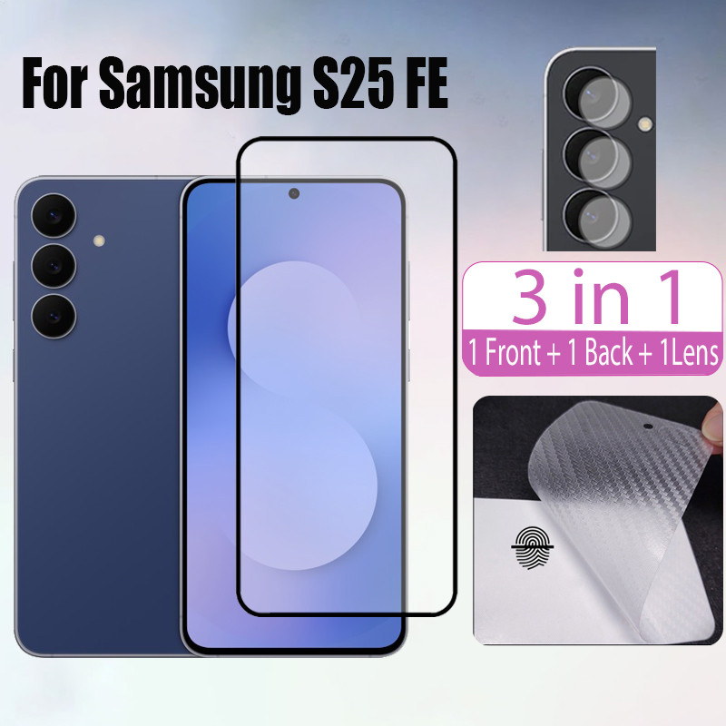 3 in 1 HD ป้องกันหน้าจอ สำหรับ กระจกนิรภัยสําหรับ สำหรับ Samsung S25 S24 FE 5G Anti-impact Glass ฟิล์ม กันรอยหน้าจอ สำหรับ ฟิล์มเลนส์กล้อง + ฟิล์มคาร์บอนไฟเบอร์