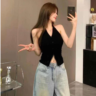 Bella Shop เสื้อกั๊กคอวีสีทึบเซ็กซี่ผู้หญิงฤดูร้อนสลิมฟิตสั้นทุกการแข่งขันด้านบน