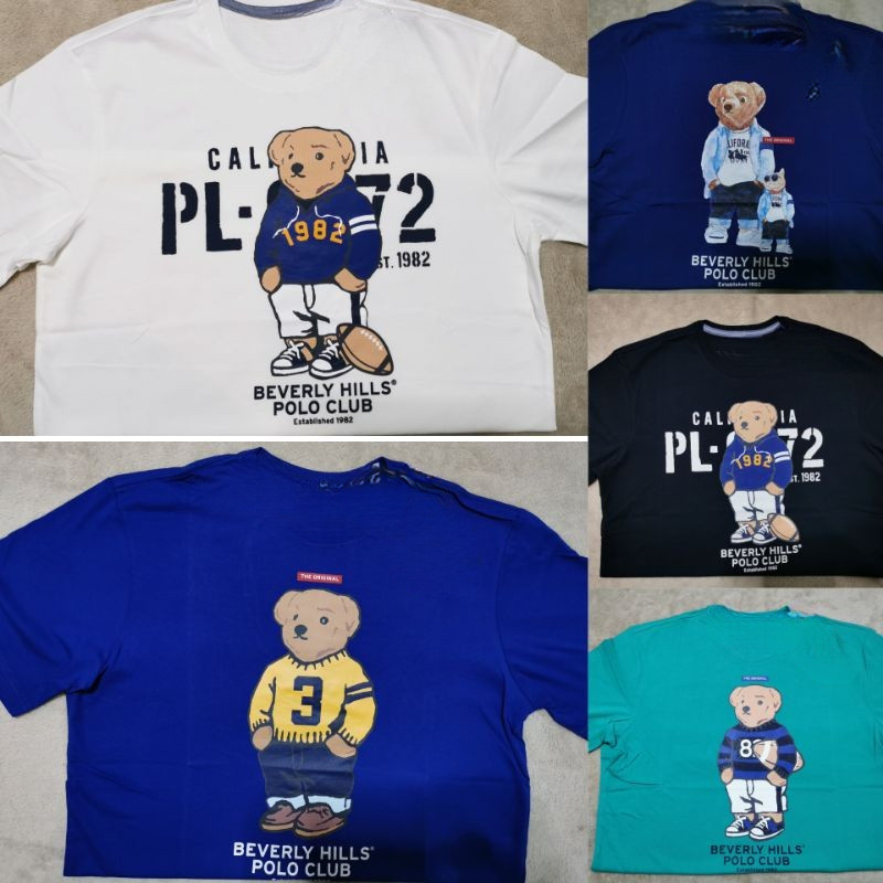 Beverly Hills Polo Club Bear พิมพ์เสื้อโปโล Kaos Baju ผ้าฝ้าย 100% Unisex ผู้ชายผู้หญิงแฟชั่นลําลองอ