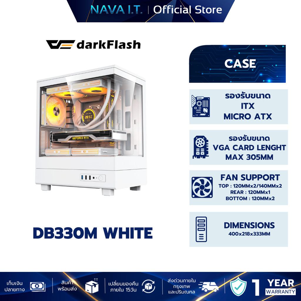 (เคส) DARKFLASH DB330M WHITE PANORAMIC M-ATX/ITX (1AIR12S ARGB FAN)