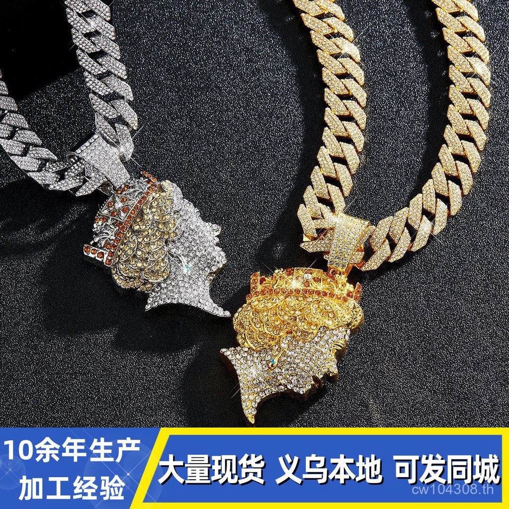 สร้อยคอแบบสวมหัว แฟชั่นฮิปฮอป สร้อยคอโซ่คิวบา ประดับเพชรเต็มตัว ยาว ตกแต่งแบบราชินี สไตล์ยุโรปและอเม