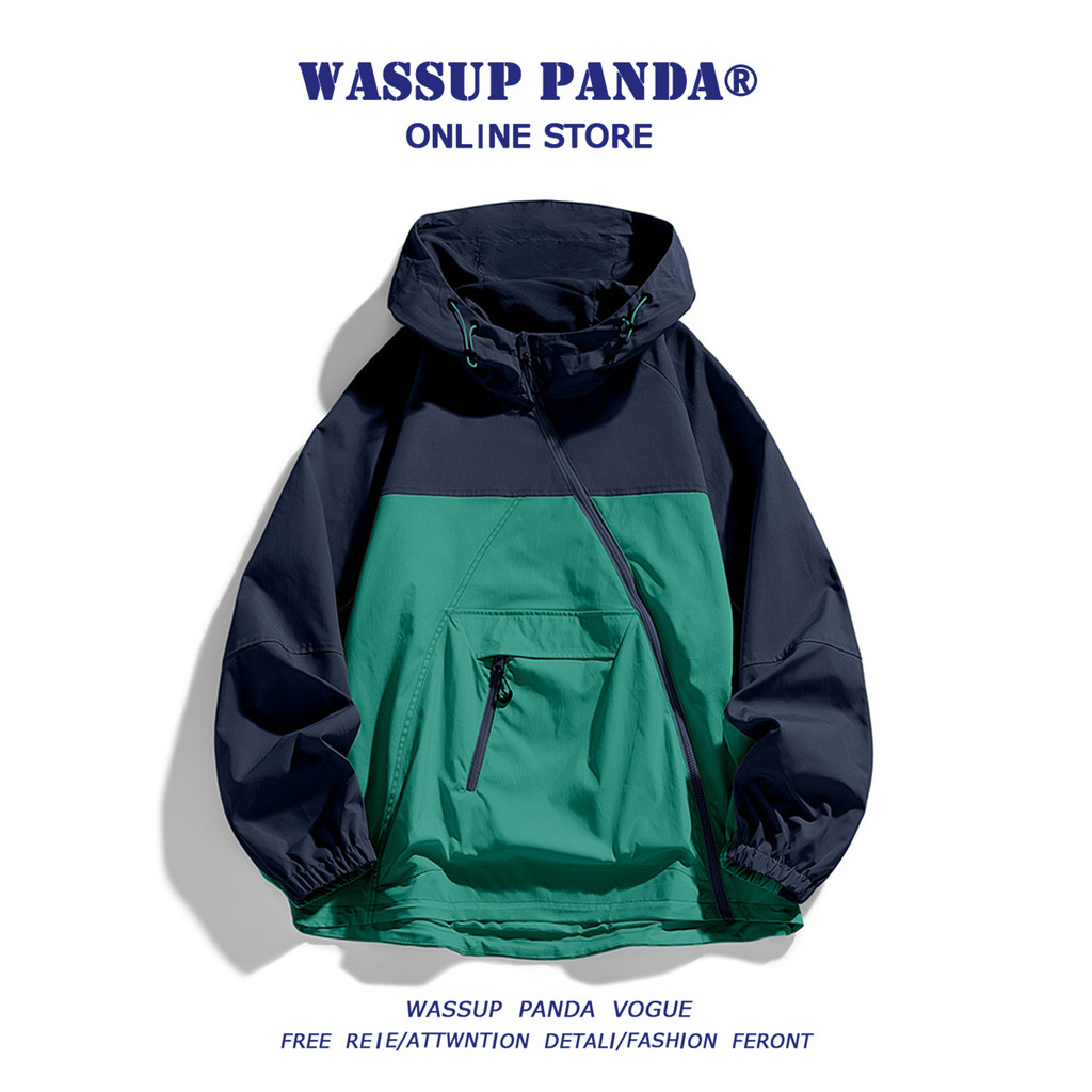 WASSUP PANDA แจ็คเก็ตผู้ชายสำหรับฤดูใบไม้ผลิและใบไม้ร่วง ลายขวางตัดกันสี มีซิปกันน้ำได้ดี