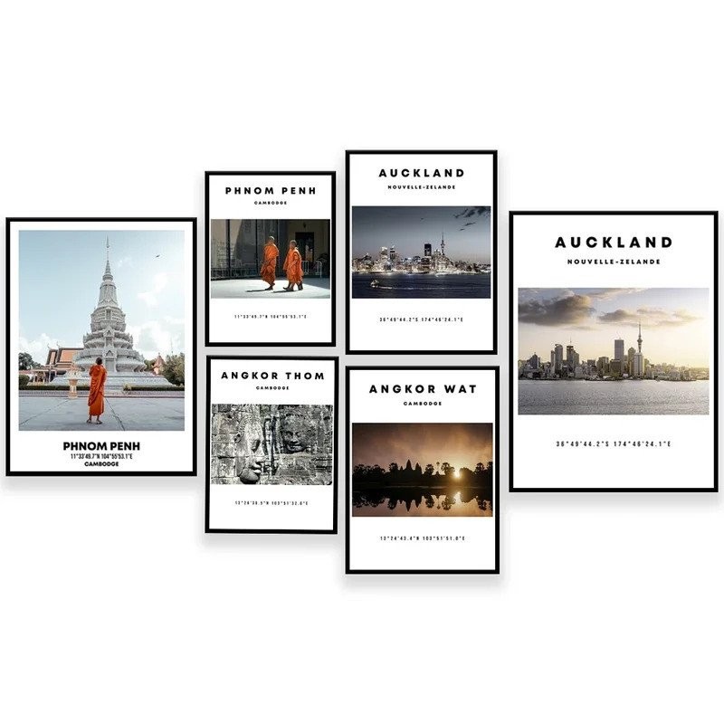 โปสเตอร์ภาพวัดอังkor Thom อันสวยงามในเมืองSiem Reap กัมพูชา และภาพอาทิตย์ตกดินที่ออกรแลนด์ นิوزีแลนด