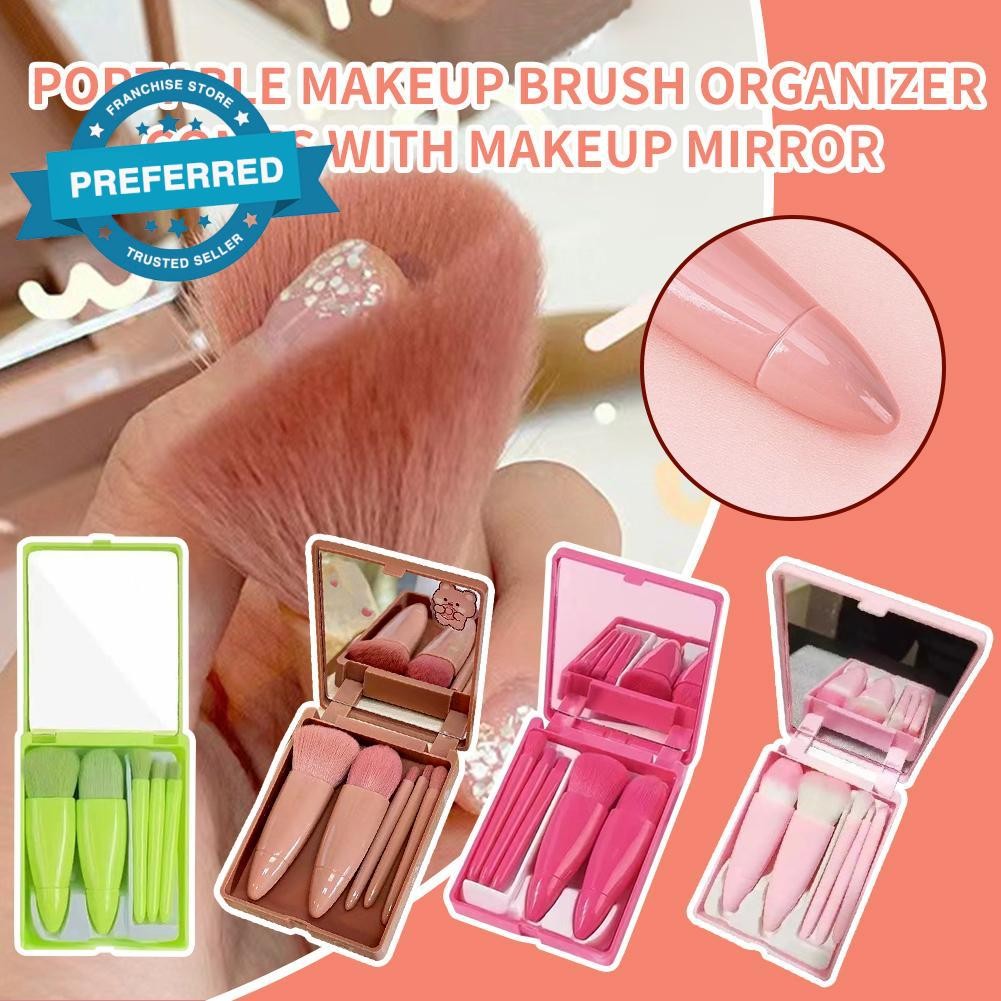 5 ชุดแปรงแต่งหน้าแบบพกพาพร้อมกระจก Mini Multi-function Loose Powder Foundation V2t9