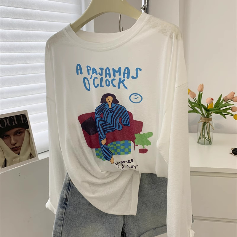 Solovely ผู้หญิง สไตล์เกาหลี หลวม เสื้อ พิมพ์ เสื้อกันแดด แขนยาว เสื้อยืด