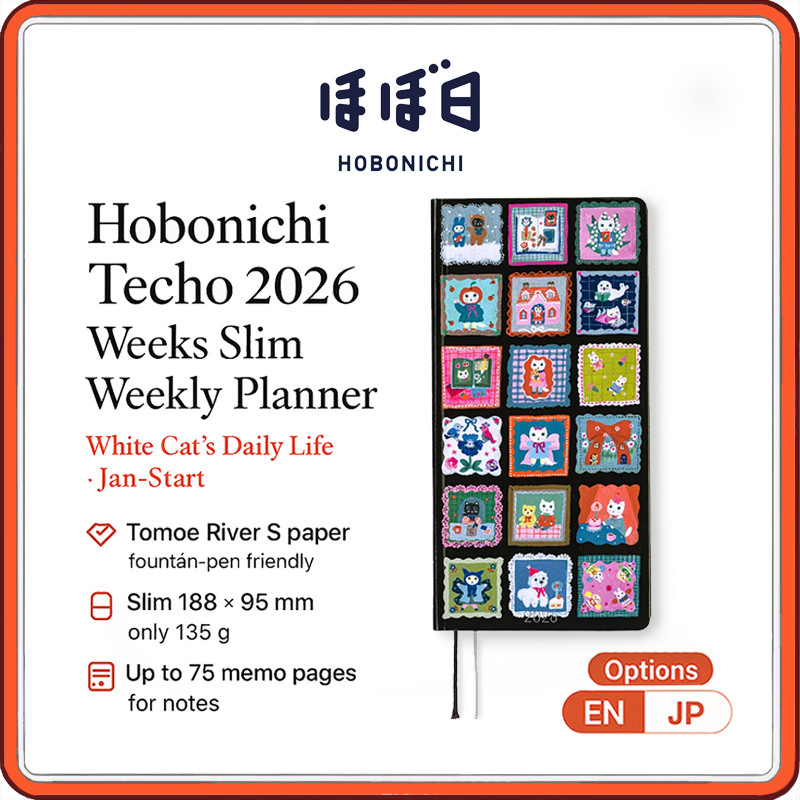 Hobonichi Techo 2026 Weeks Slim Weekly Planner – Yumi Kitagishi “White Cat’s Daily Life” | Vertical Wallet-Size, January Start | English & Japanese Editions