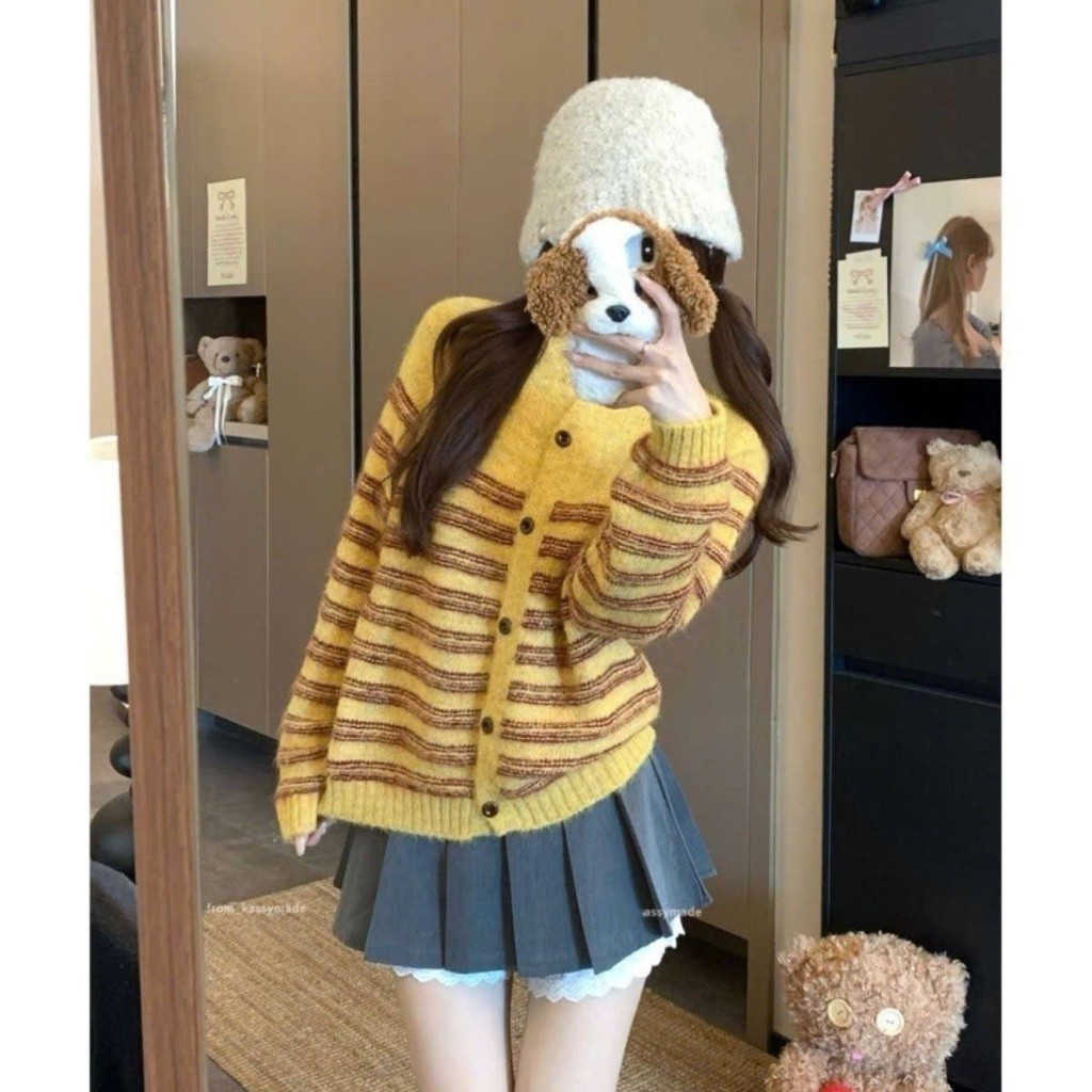 เสื้อคาร์ดิแกนแขนยาวลายทางทําจากขนสัตว์เนื้อนุ่ม QCCC MT33 SP390