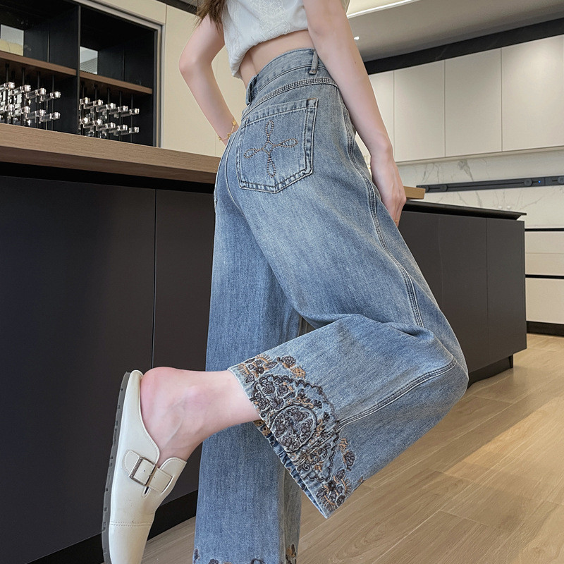 H-MILI เอวสูงกางเกงยีนส์ผู้หญิงปักลูกไม้  9 ส่วน รุ่นบาง สไตล์ Slimmer กางเกงทรงกระบอกแฟชั่น Comfor