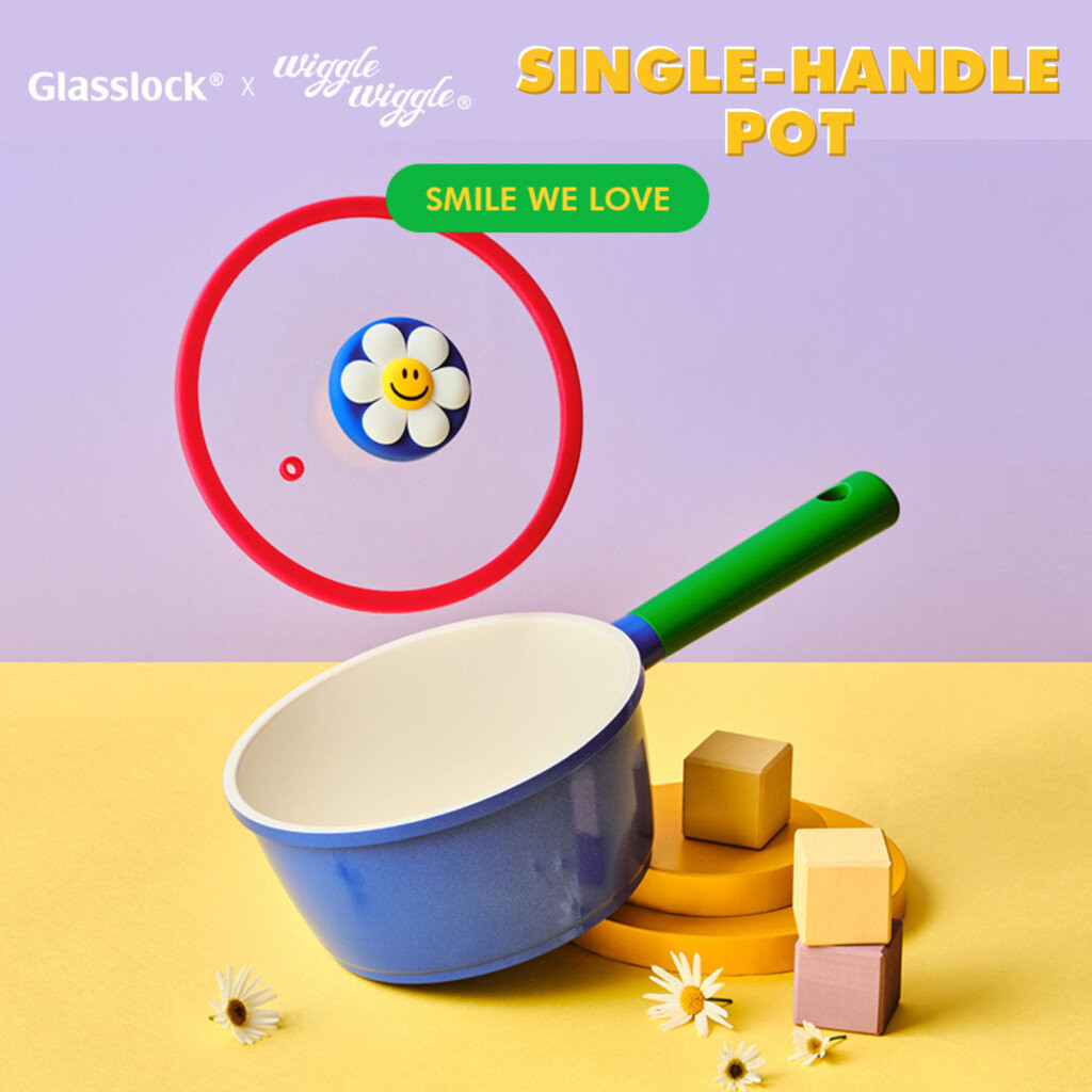 Wiggle x Glasslock Single Handle Pot 🇰🇷 / หม้อเคลือบเซรามิก + ฝาแก้ว ปุ่มจับดอกเดซี่ 18cm