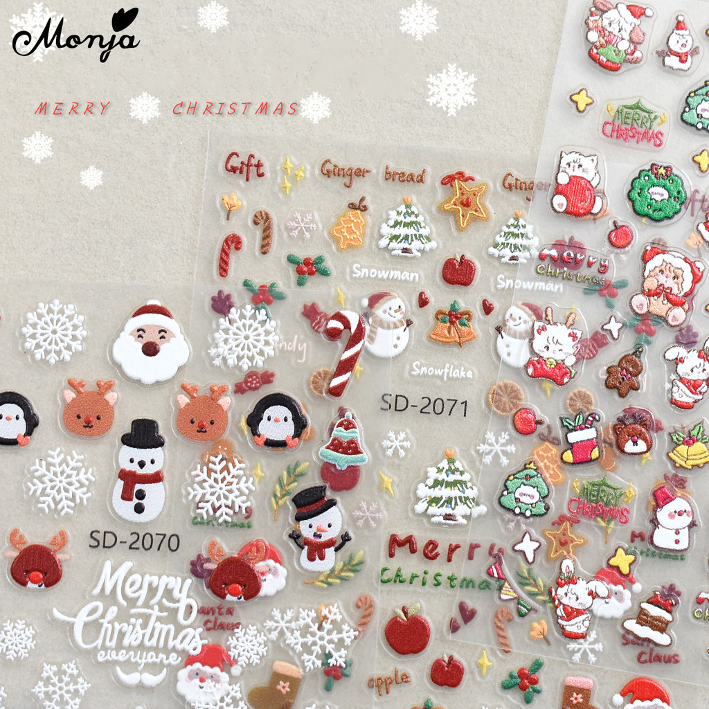 Monja เล็บสติกเกอร์ 5D นูนคริสต์มาส Santa Snowman Snowflake Tree Bell Decals เล็บออกแบบอุปกรณ์ตกแต่ง