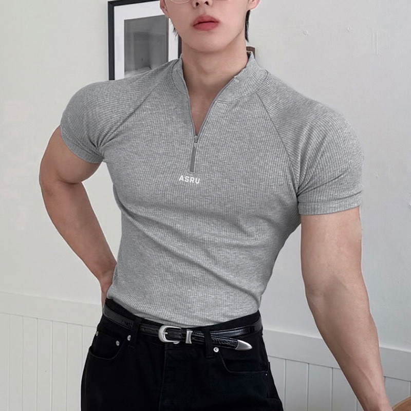 EERSHENSHI เสื้อครึ่งซิปรัดร่างผู้ชาย แขนสั้น แห้งไว สำหรับออกกำลังกายและฟิตเนส
